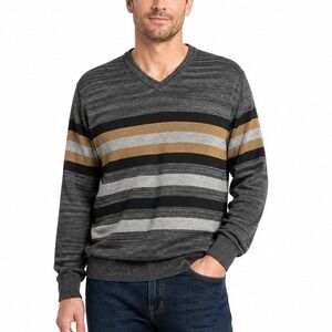 Perry Ellis Mens V-Neck Sweater‎ Gray Striped Cotton Blend PS38066 Large